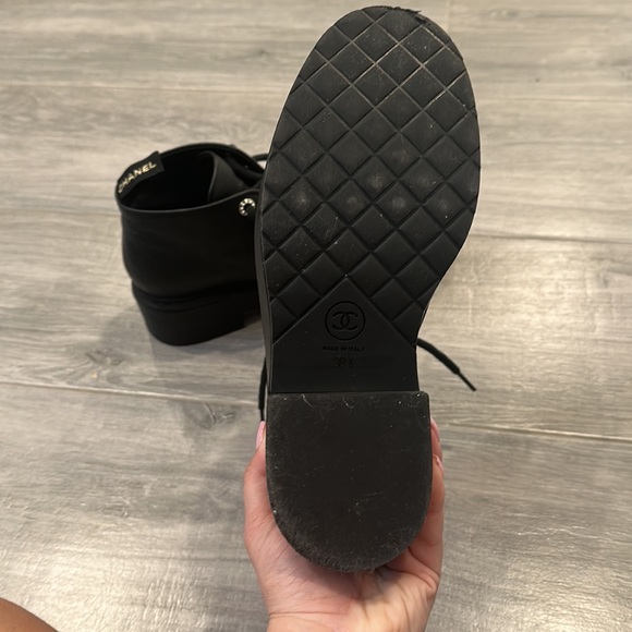 Chanel Black Leather Combat Ankle Boots, Women's (Size 38.5) - Picture 5 of 9